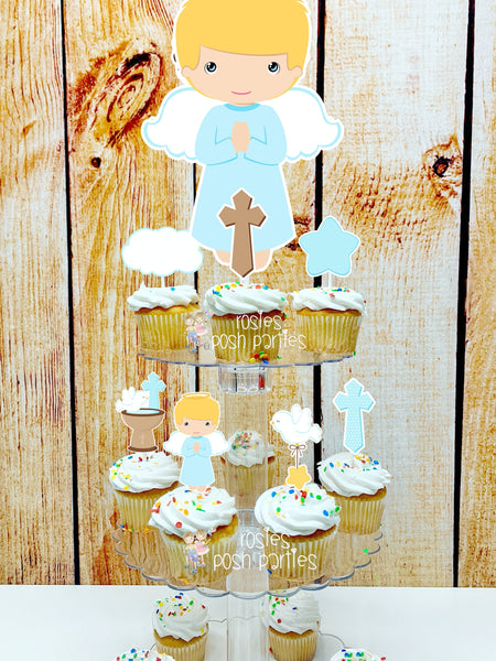 Baptism Blonde Theme | First Holy Sacrament | Cupcake Stand | Cupcake Toppers | Religious Baptism | Party Favors | Acrylic Stand Toppers