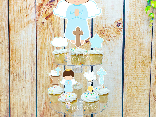 Baptism Brown Theme | First Holy Sacrament | Cupcake Stand | Cupcake Toppers | Religious Baptism | Party Favors | Acrylic Stand Toppers