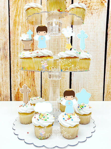 Baptism Brown Theme | First Holy Sacrament | Cupcake Stand | Cupcake Toppers | Religious Baptism | Party Favors | Acrylic Stand Toppers