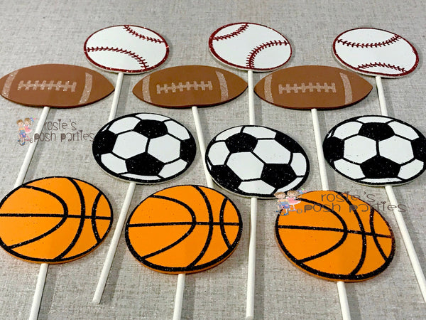Sports Theme Cupcake Toppers Centerpiece Sport Party Sports Birthday Soccer Football Baseball Basketball decoration Birthday Theme SET OF 12